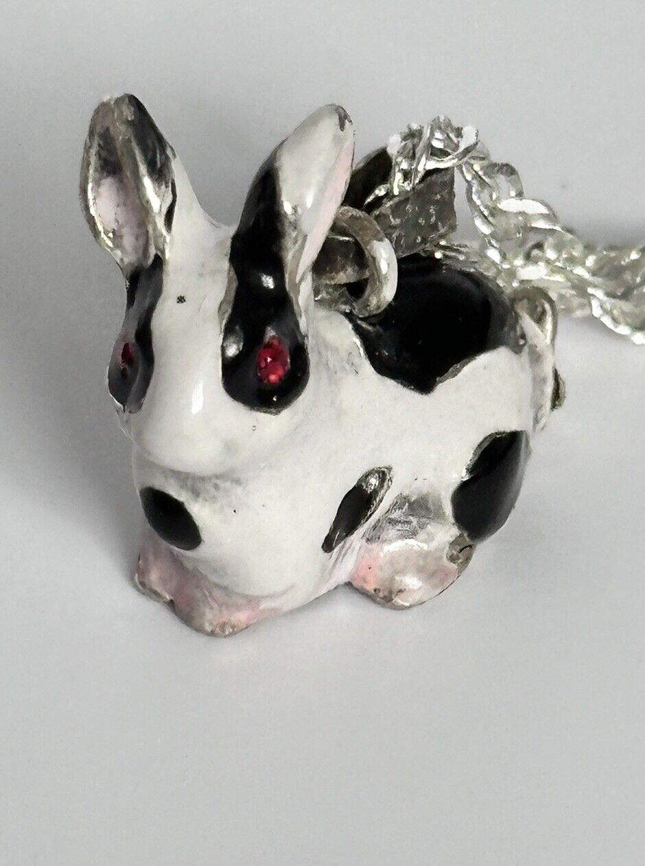 Viintage Rhodium Plated Enamel Rabbit Pendant Necklace