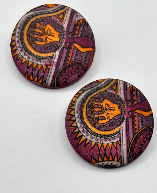 Vintage Ethnic Pink Orange Patterned Disk Clip On Earrings