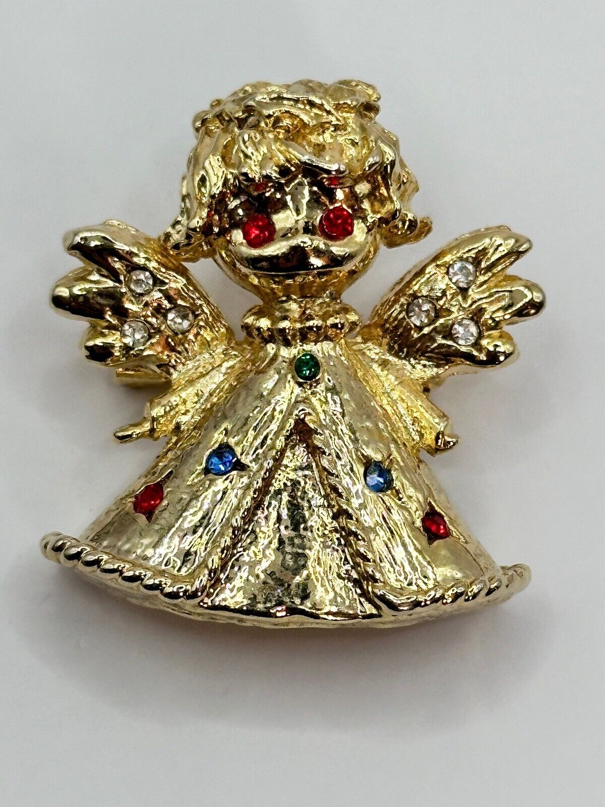 Vintage Gold Tone Multicoloured Diamanté Angel Brooch Christmas
