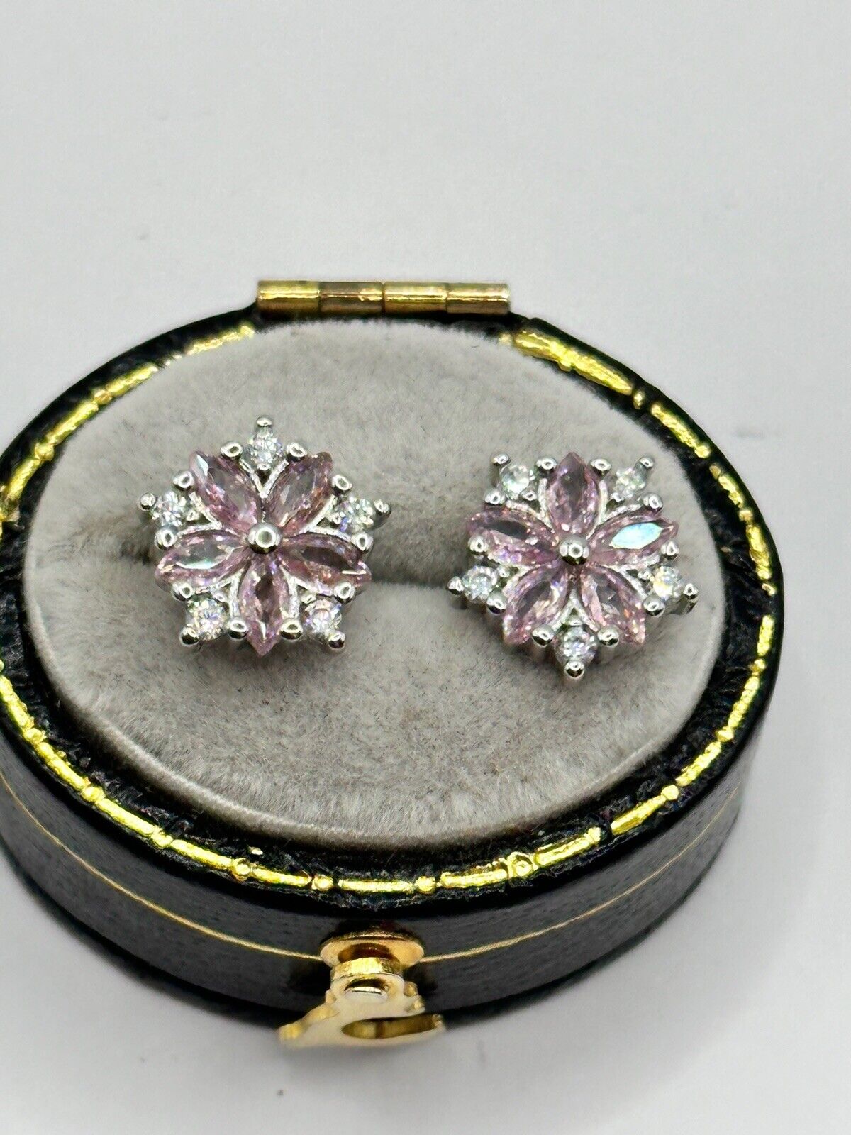 Vintage Silver 925 Pink Clear Cubic Zirconia Flower Earrings