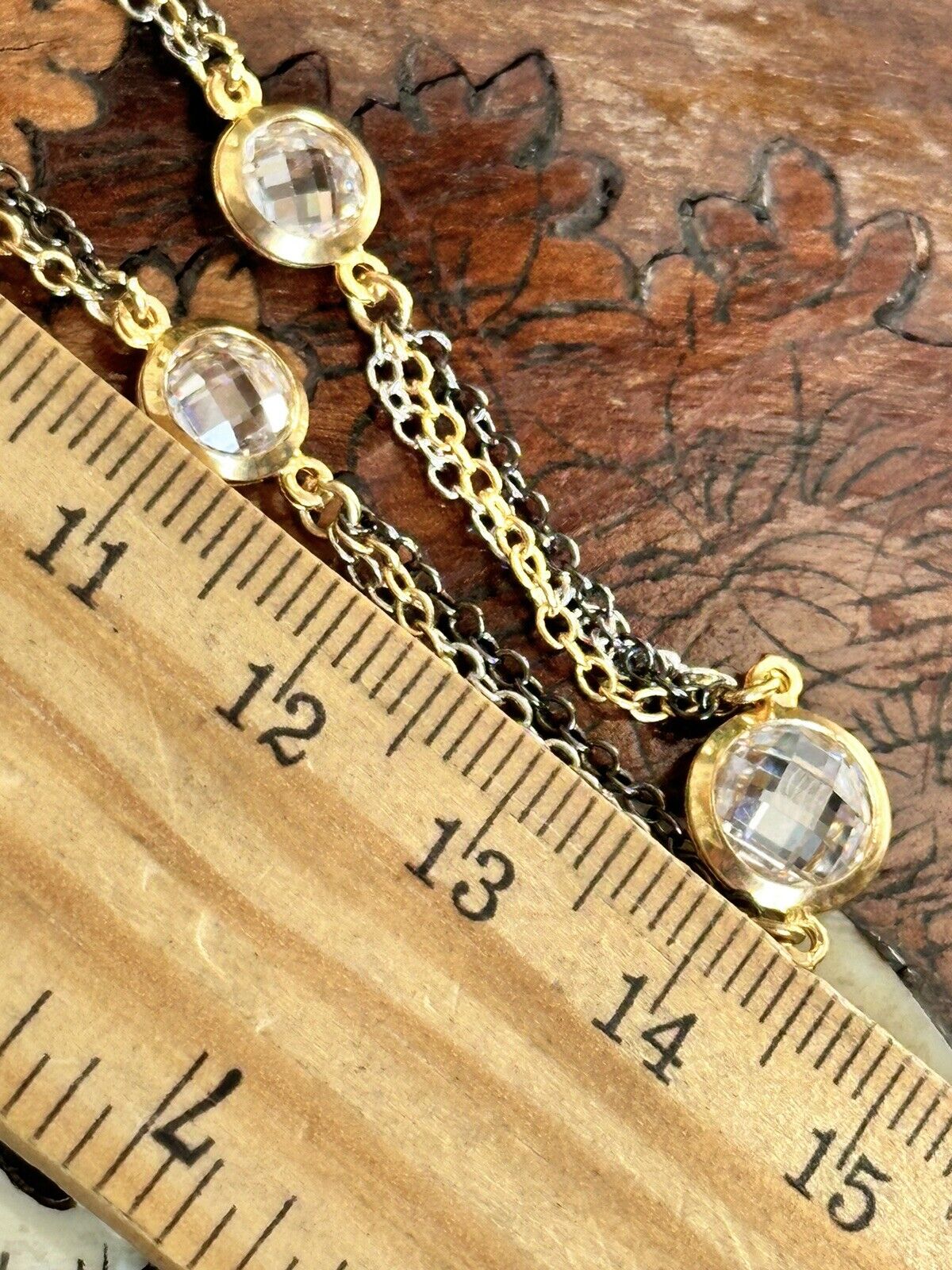 Vintage 3 Tone Metal Chain Crystal Necklace Long Length