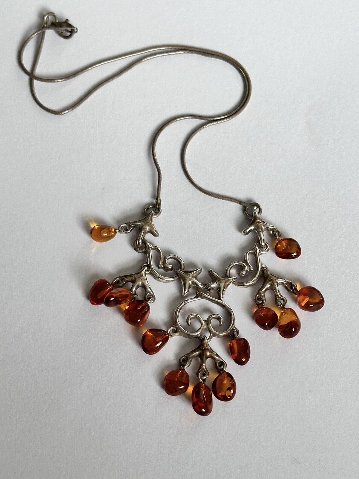 Vintage Silver 925 Baltic Amber Detailed Metalwork Necklace