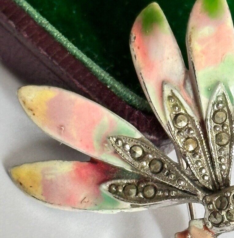 Vintage 1950s/60s Marcasite Pink Green Enamel Dragonfly Brooch
