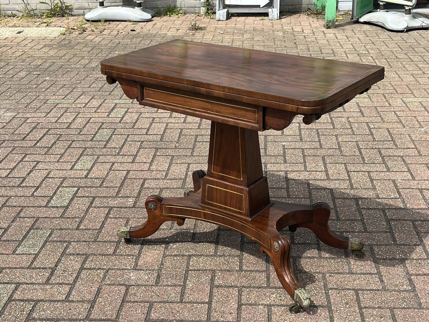 Antique Regency Mahogany & Brass Inlaid Games Table With Fold Over Lid