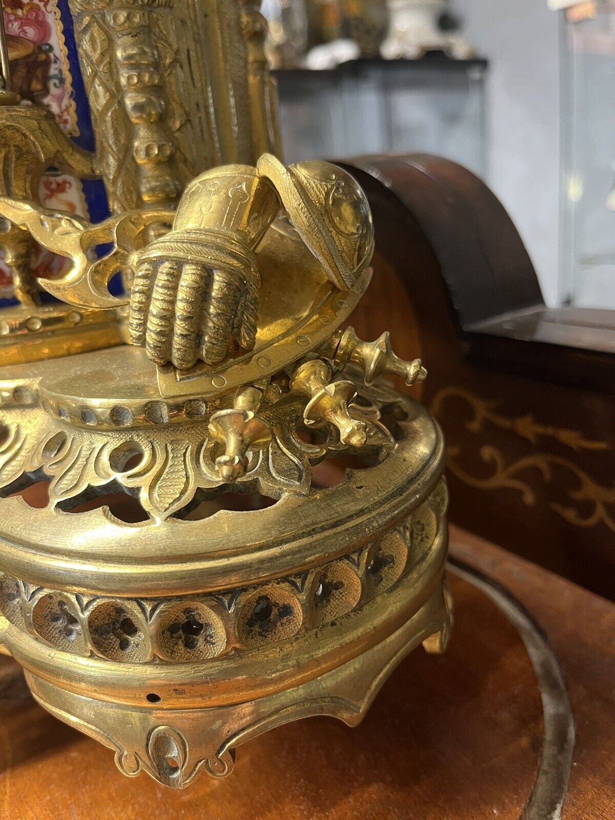 Victorian Brass Clock Under Glass Done, Porcelain Painted Panels Of Royalty