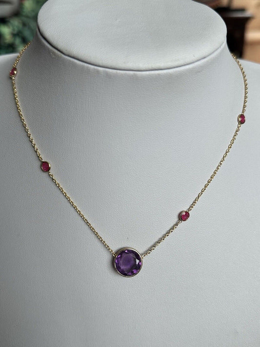 18k Gold Vermeil On 925 Silver Natural Amethyst And Ruby Necklace
