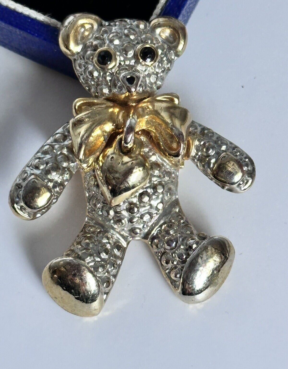Vintage Silver Gold Tone Teddy Bow Hanging Heart Brooch