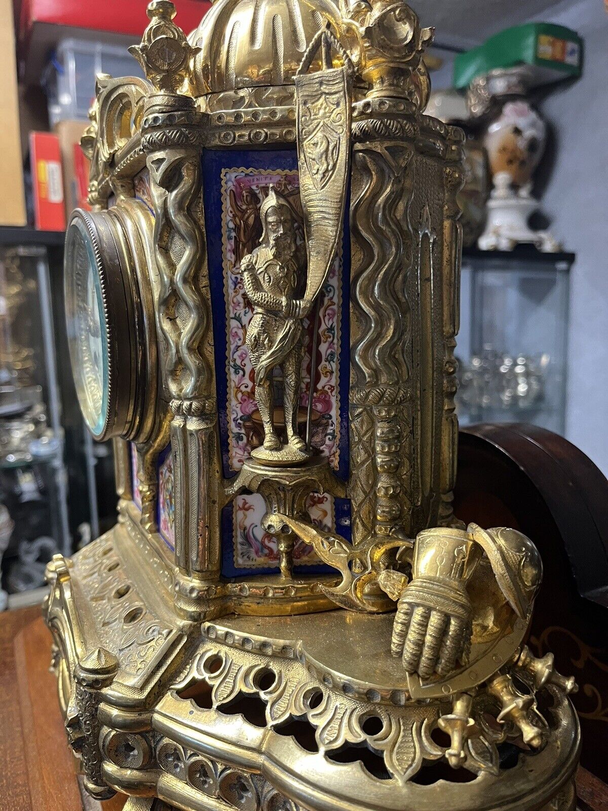 Victorian Brass Clock Under Glass Done, Porcelain Painted Panels Of Royalty