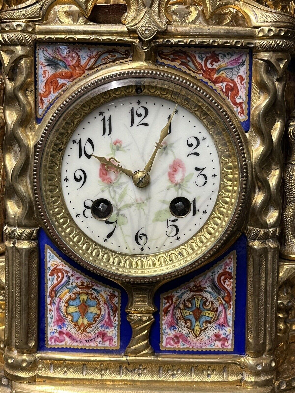 Victorian Brass Clock Under Glass Done, Porcelain Painted Panels Of Royalty