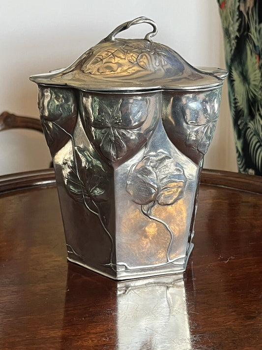 Art Nouveau Silver Plate Biscuit Barrel Moulded With Leaves &  Flowers