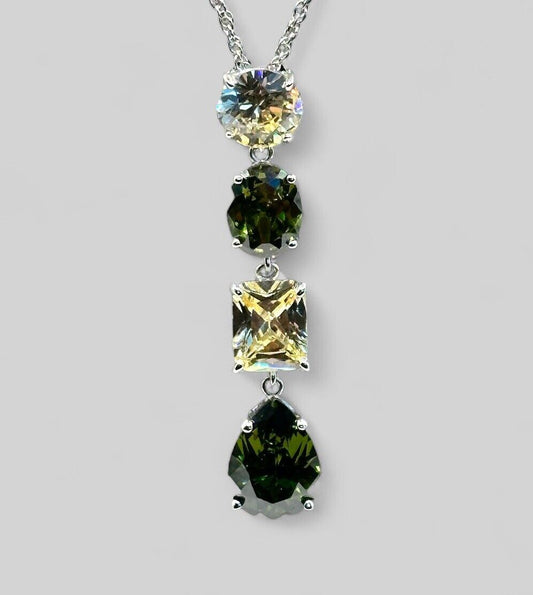 Vintage 1980s Rhodium Plated Green Yellow Crystal Necklace New Old Stock