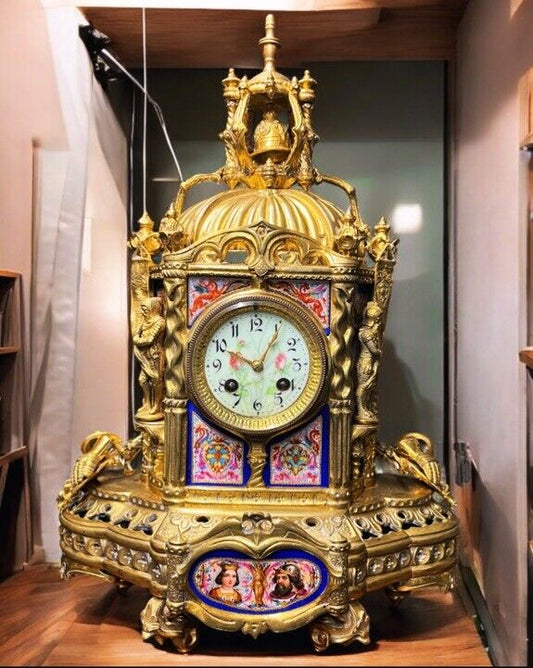 Victorian Brass Clock Under Glass Done, Porcelain Painted Panels Of Royalty
