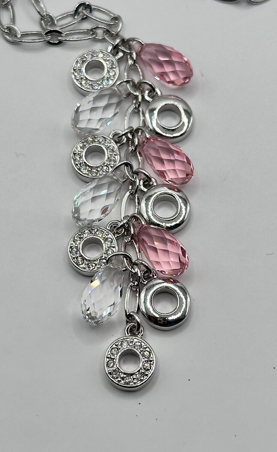 Vintage 1980s Rhodium Plated Pink Clear Droplet Crystal Necklace New Old Stock