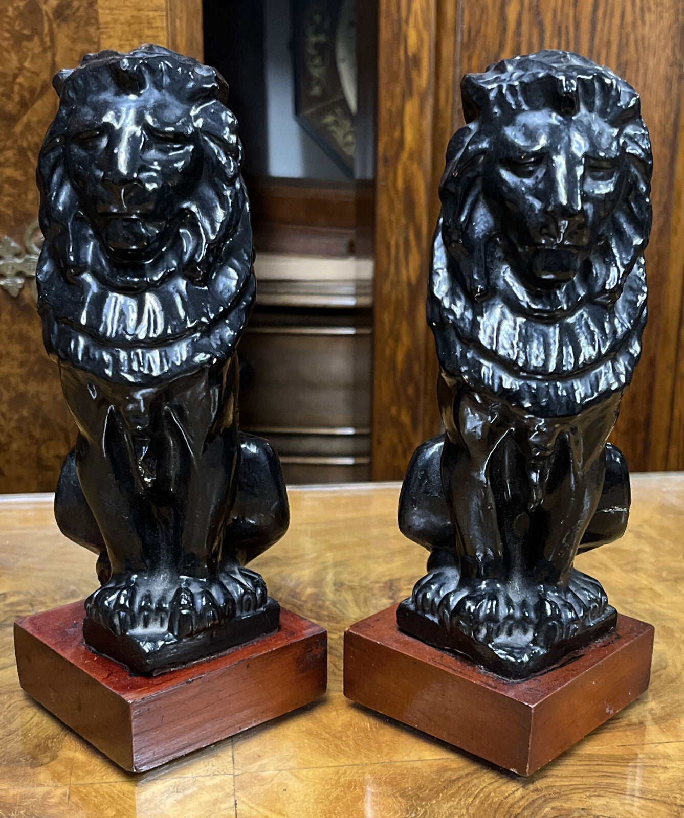 Edwardian Lion Figures On Wooden Bases