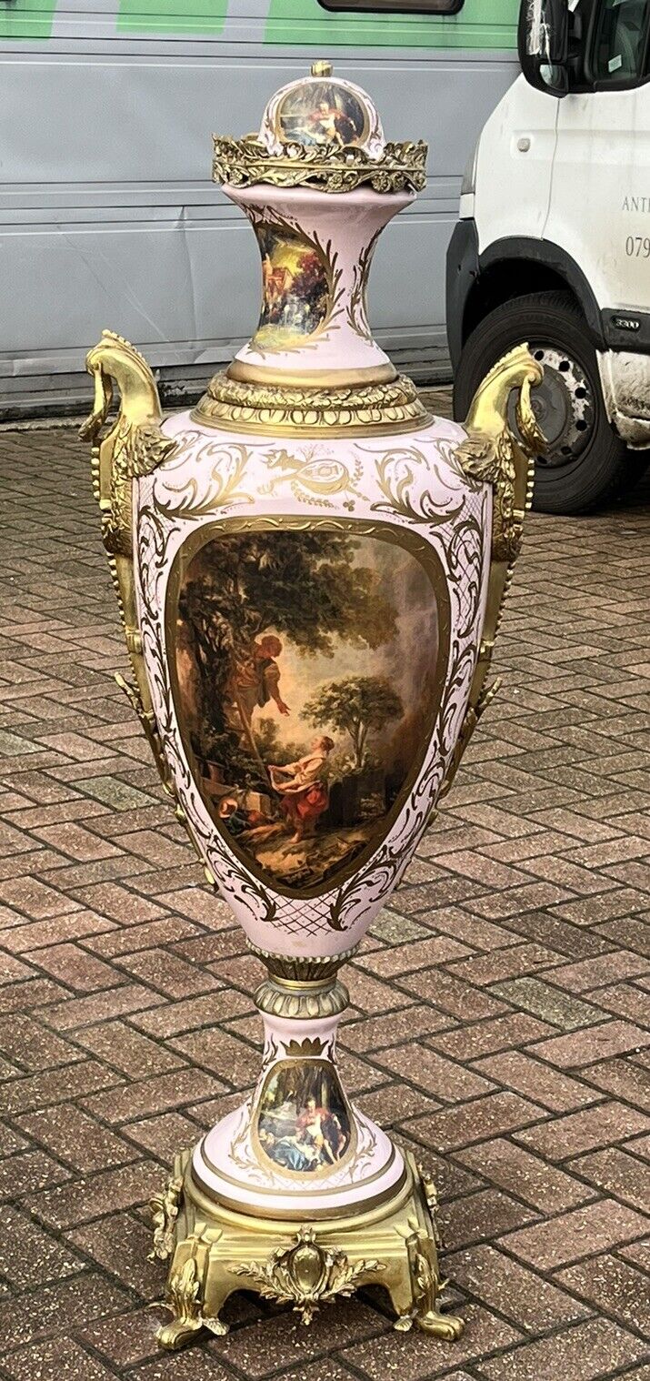 HUGE Freestanding Ormolu Mounted & Porcelain Lidded Urn. 134 Cms Tall.
