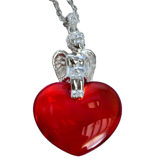 Vintage 1980s Rhodium Plated Cherub Glass Heart Necklace New Old Stock