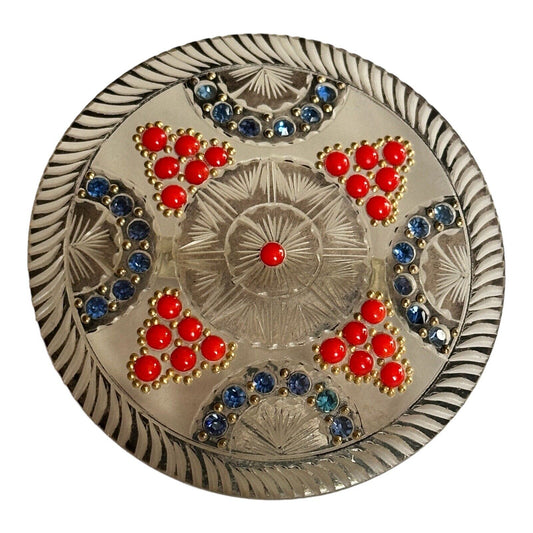 Vintage Early French Carved Lucite Red Bead Blue Paste Detailed Brooch