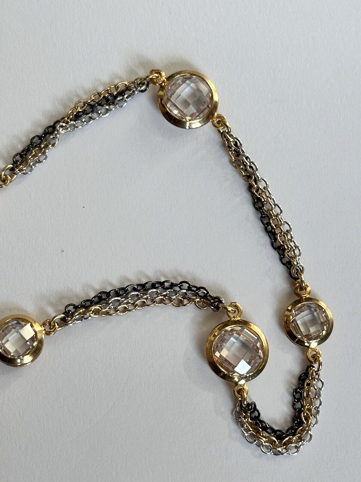 Vintage 3 Tone Metal Chain Crystal Necklace Long Length