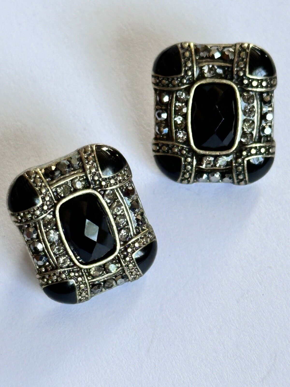 Vintage Silver Tone Black Enamel Diamanté Deco Style Earrings