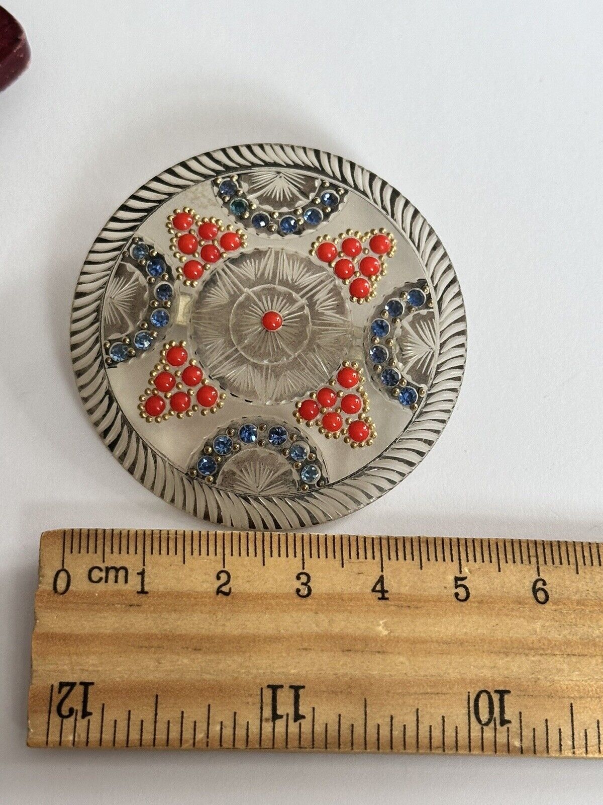 Vintage Early French Carved Lucite Red Bead Blue Paste Detailed Brooch