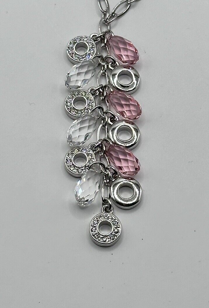 Vintage 1980s Rhodium Plated Pink Clear Droplet Crystal Necklace New Old Stock