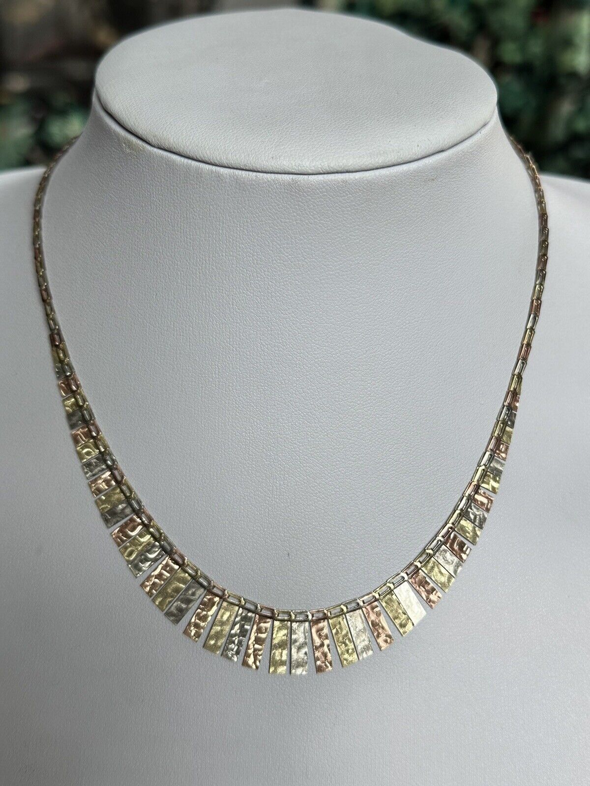 Vintage 9ct Three Tone Gold White Rose Yellow Gold Fringe Necklace