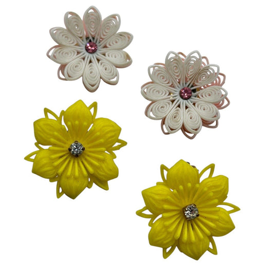 Vintage 1950s Plastic Flower Pink Yellow  Clip On Earrings Set Of 2