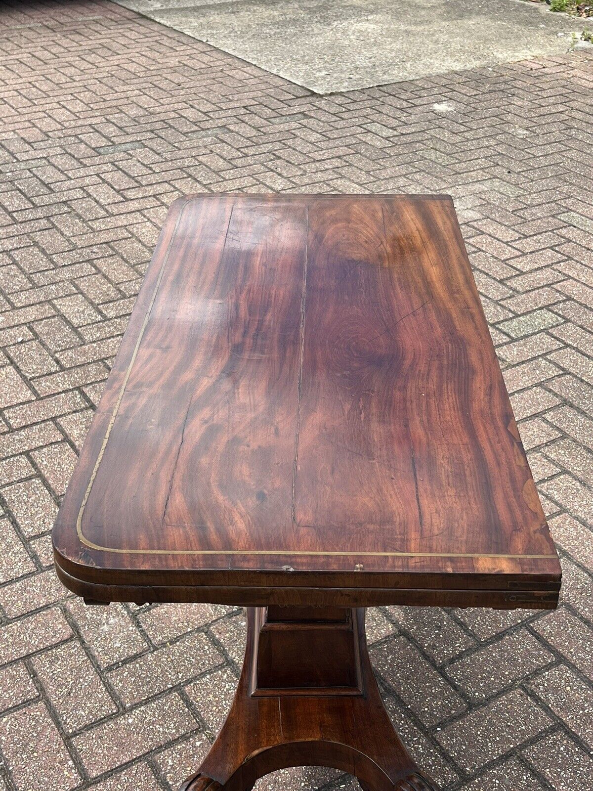 Antique Regency Mahogany & Brass Inlaid Games Table With Fold Over Lid