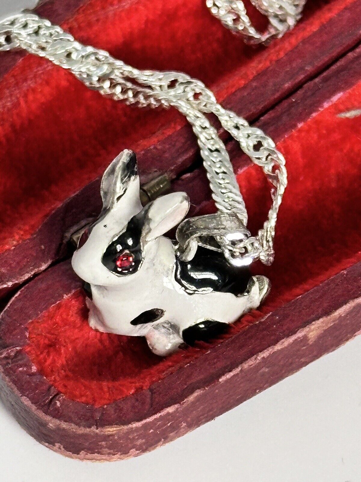 Viintage Rhodium Plated Enamel Rabbit Pendant Necklace