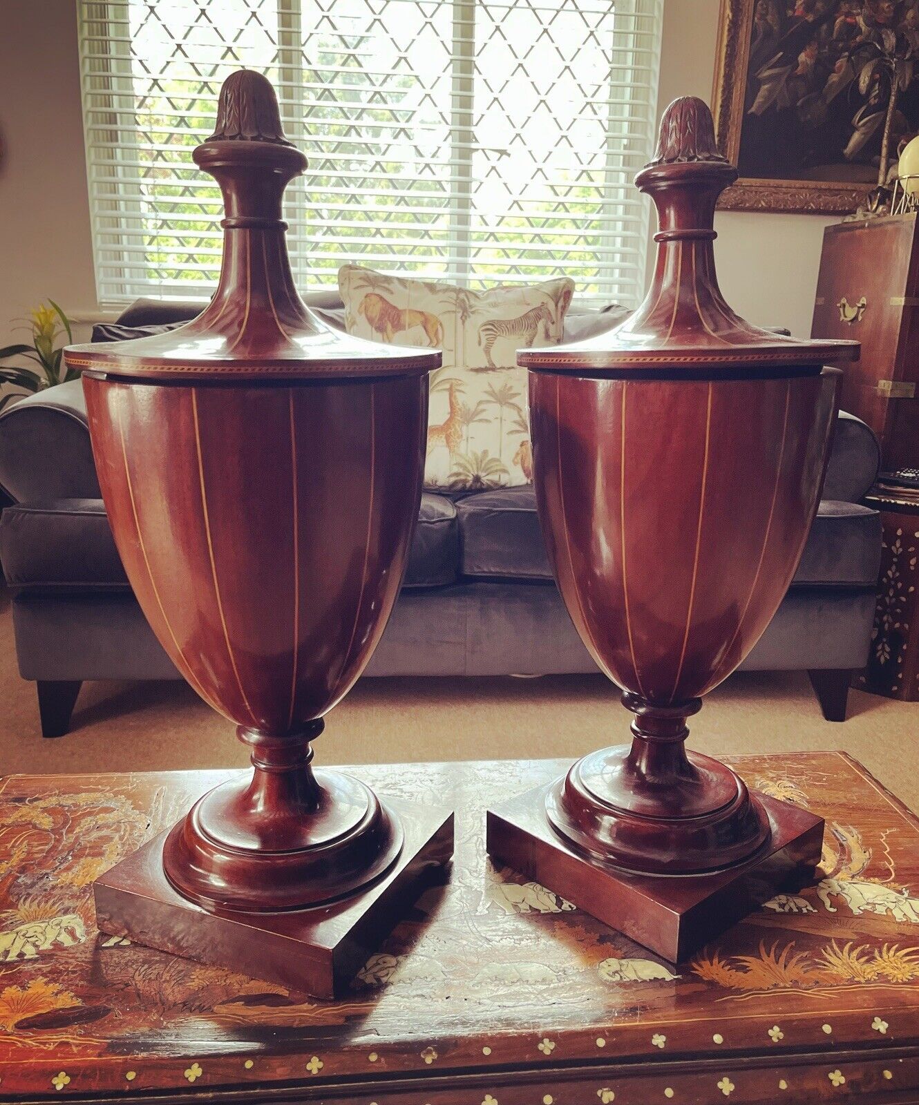 Antique Inlaid Mahogany Cutlery Urns