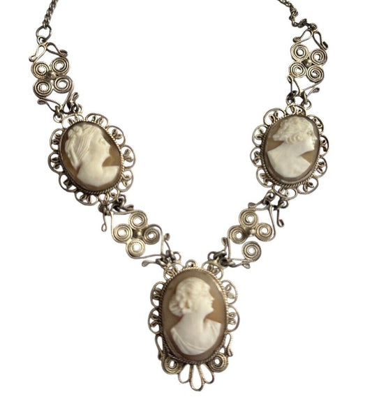 Vintage Silver Filigree Shell Cameo Necklace
