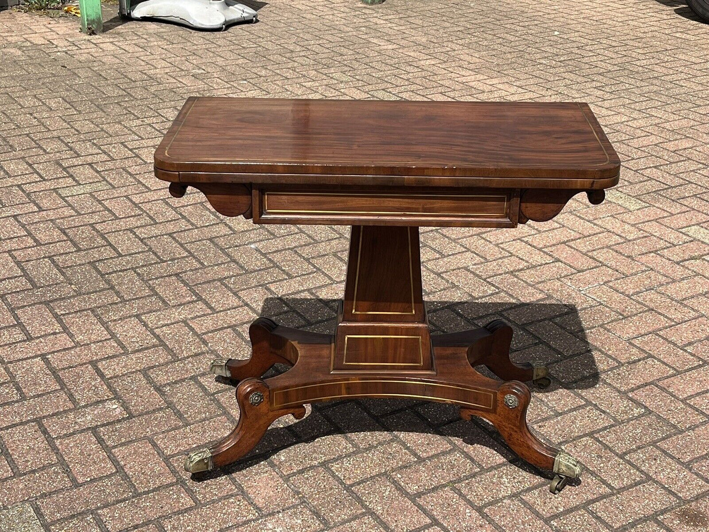 Antique Regency Mahogany & Brass Inlaid Games Table With Fold Over Lid