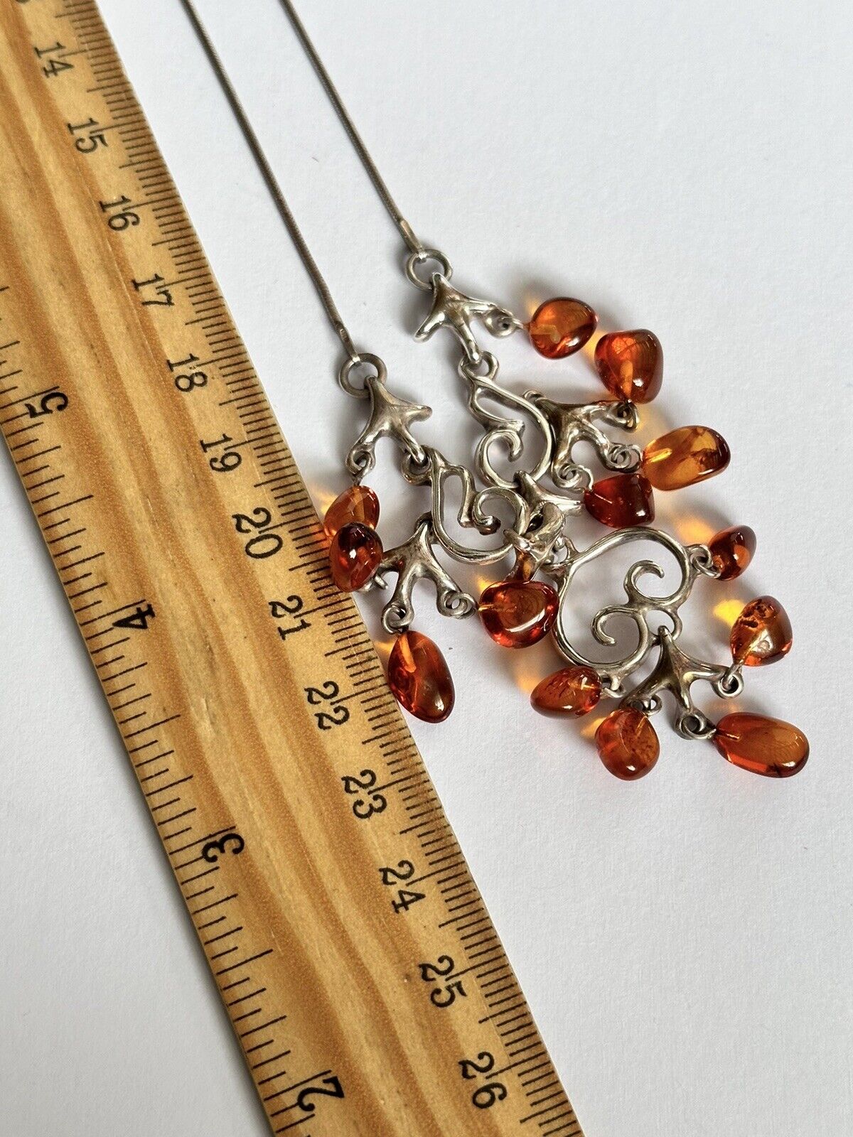 Vintage Silver 925 Baltic Amber Detailed Metalwork Necklace