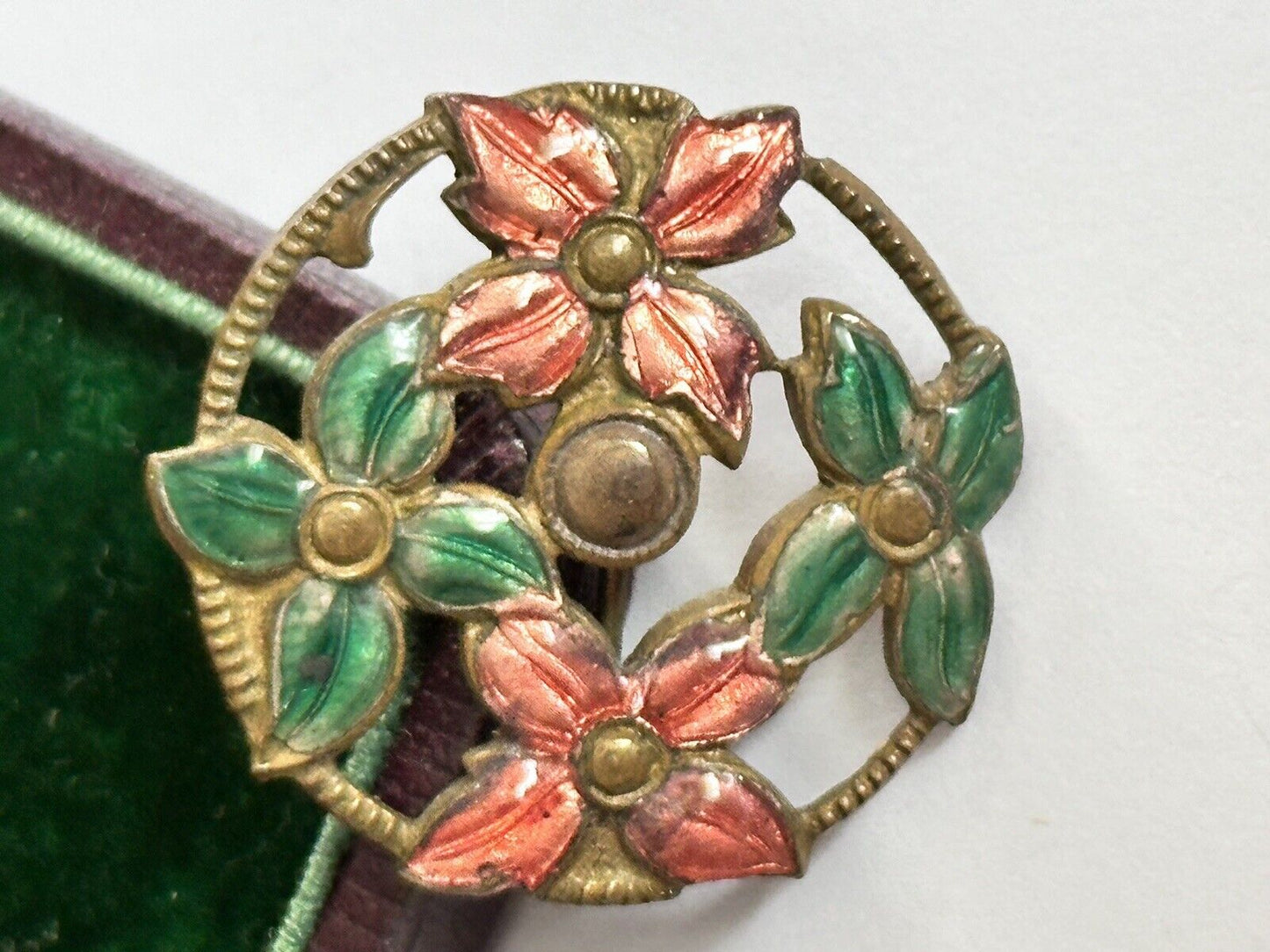 Vintage Early Pink Green Enamel Flowers Brooch