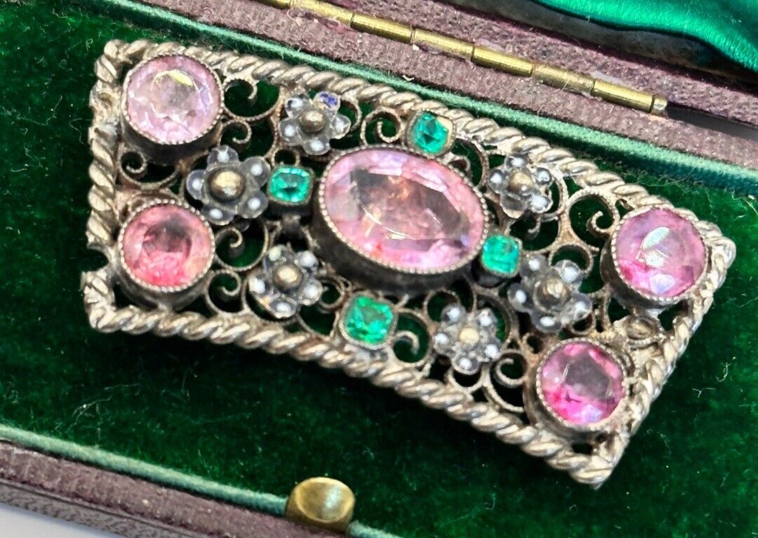 Antique  Edwardian Open Filigree Pink Green Paste Glass Brooch
