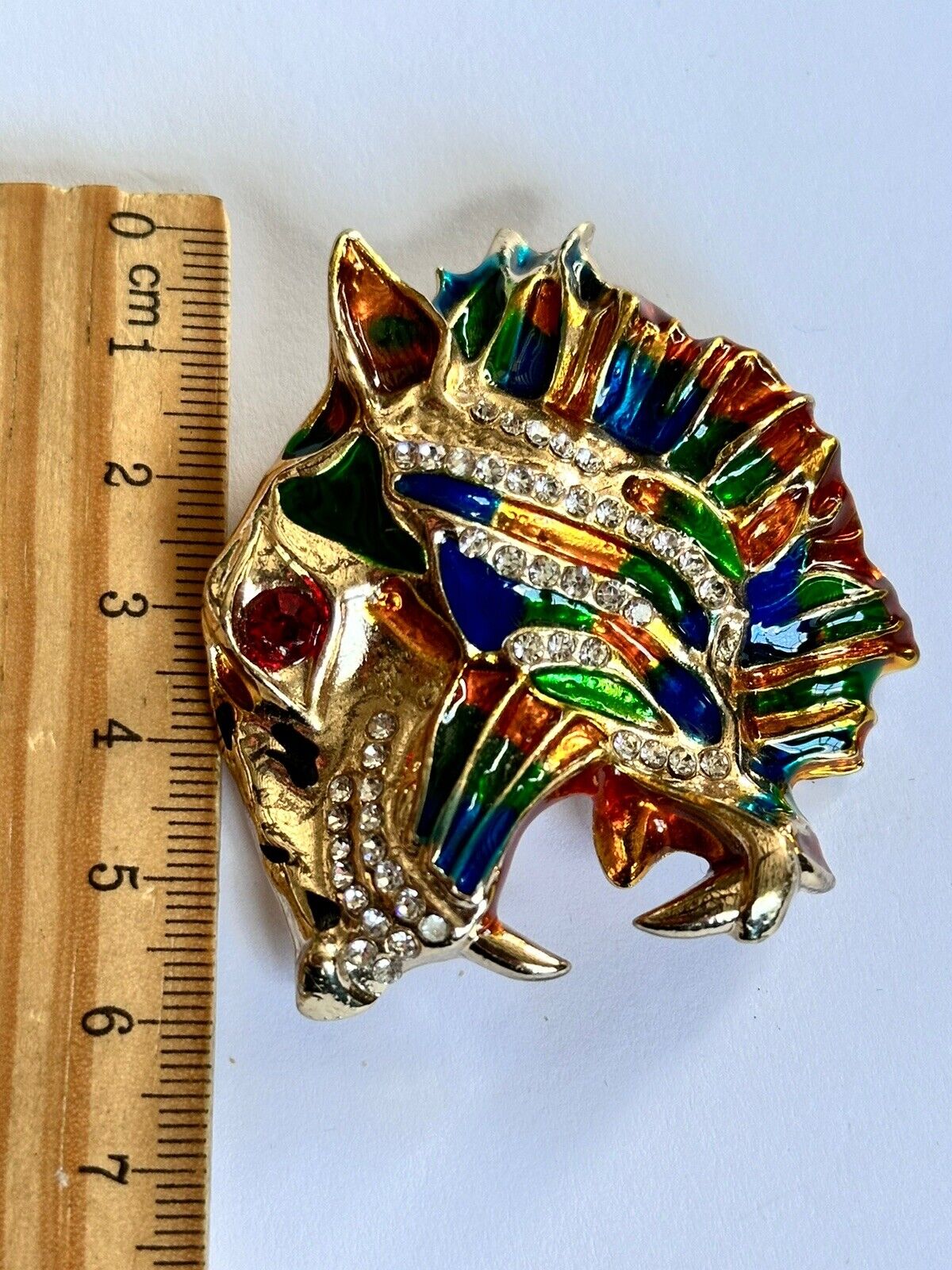 Vintage Gold Plated Tiger Enamel Diamanté Statement Brooch