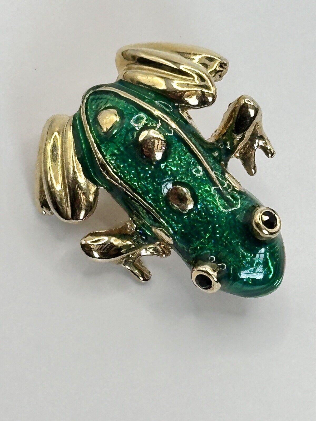 Vintage Gold Tone Green Enamel Frog Brooch