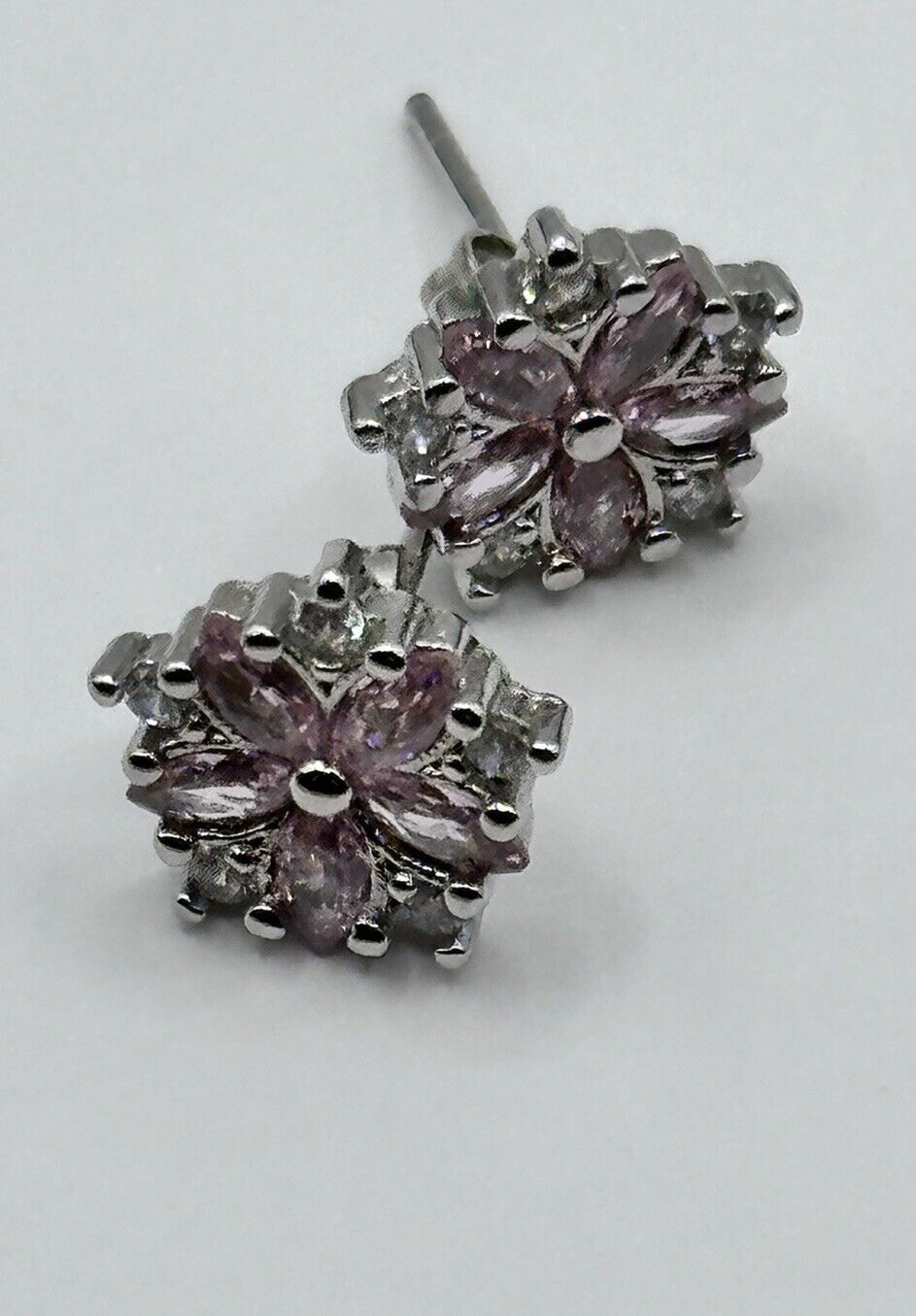 Vintage Silver 925 Pink Clear Cubic Zirconia Flower Earrings