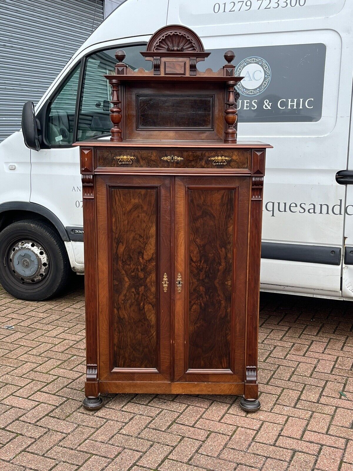 Antique Walnut Bookcase / Cupboard With Fitted Shelves & Drawer