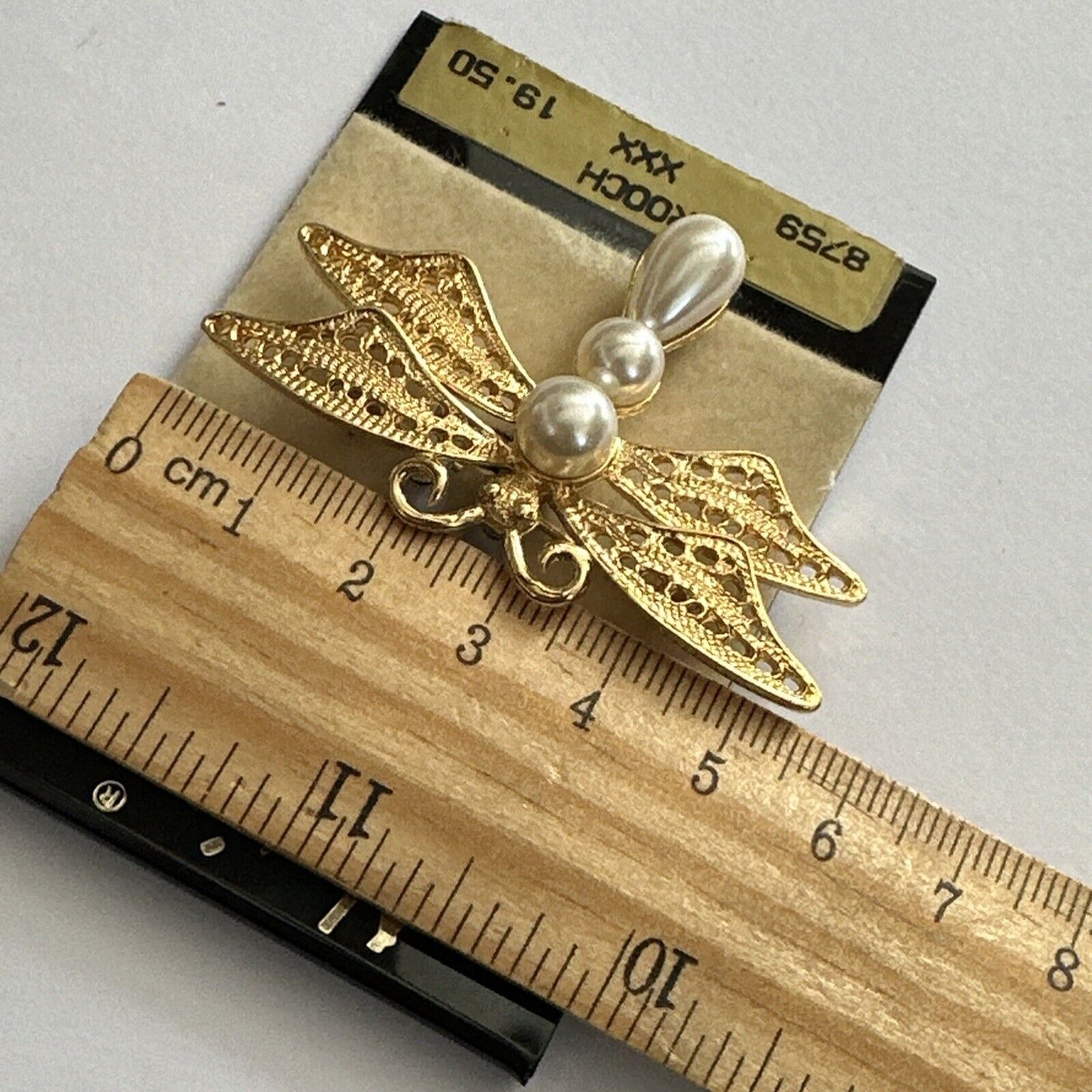 Vintage Napier Gold Tone Faux Pearl Dragonfly Brooch Original Ticket