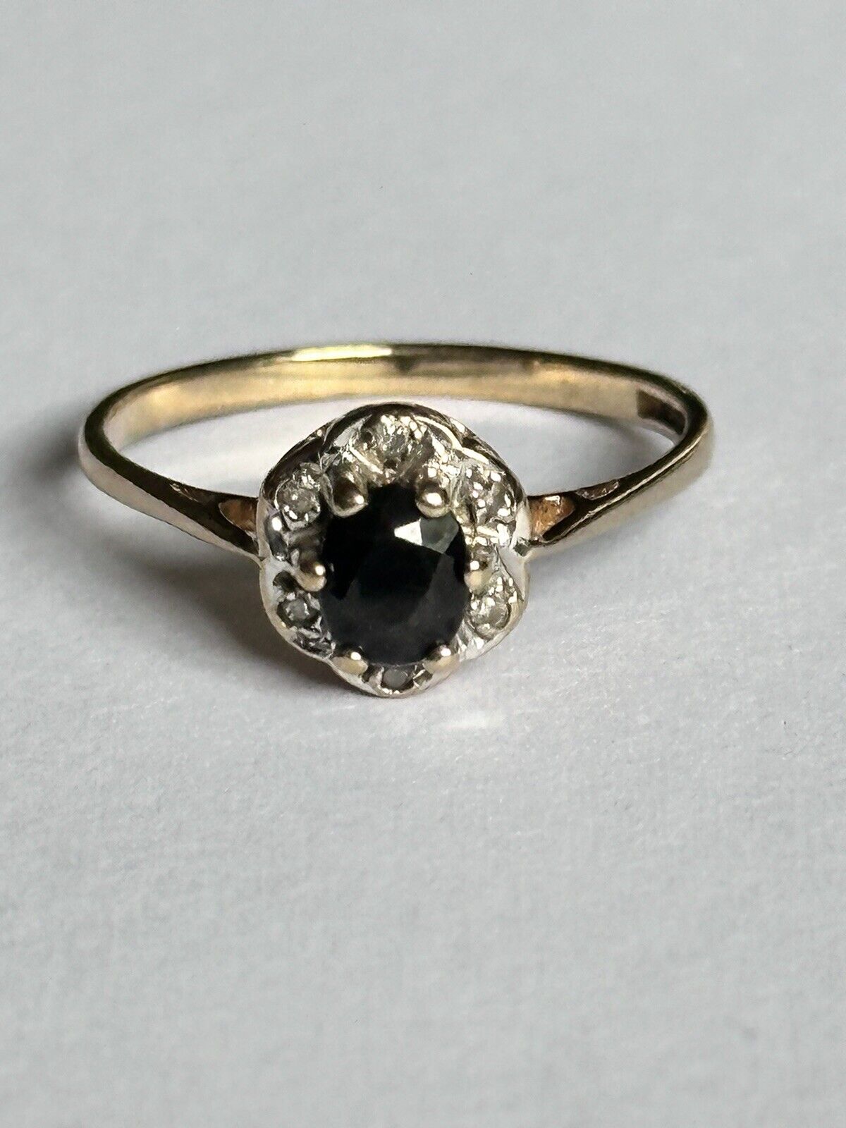 Vintage 9ct Gold Oval Sapphire And Diamond Cluster Ring