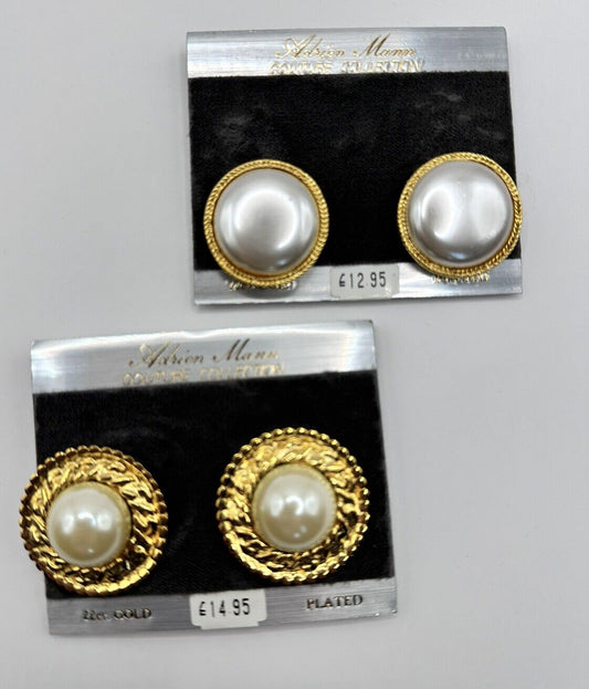 Vintage 2 Sets Andrien Mann Faux Pearl 22ct Gold Plated Clip On Earrings