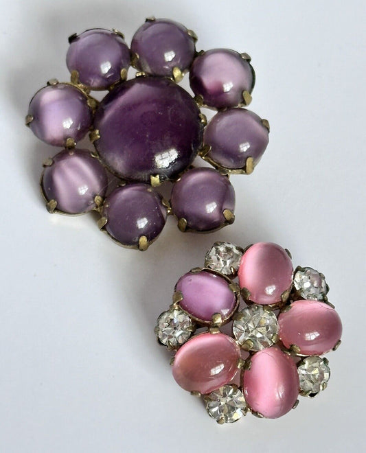 Vintage Purple Pink Satin Stone Flowers Set Of 2 Brooches