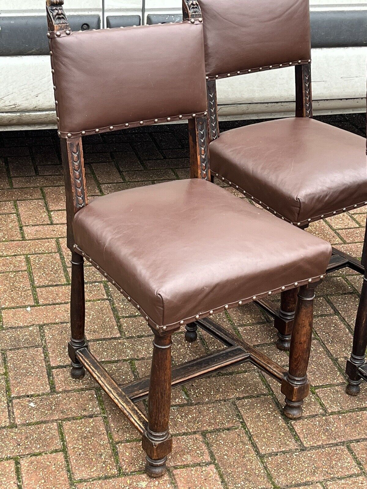 Edwardian Oak Dining Chairs, With Carved Green Man Faces.