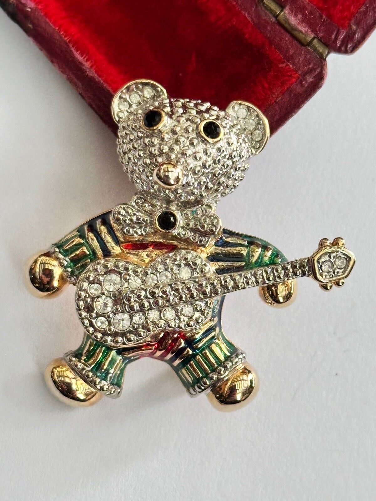 Vintage Gold Tone Diamanté Teddy Bear With Guitar  Brooch