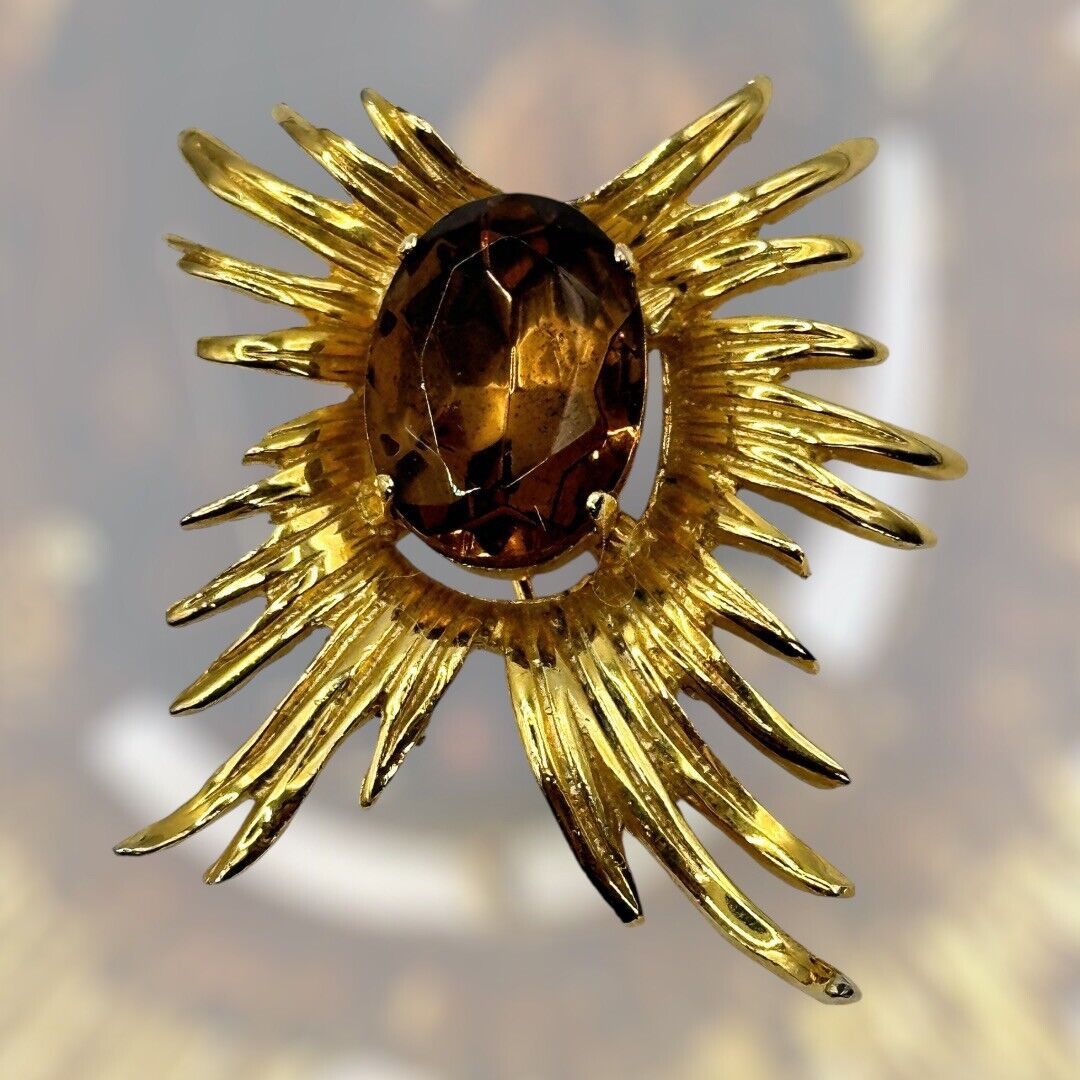 Vintage Gold Tone 1960s/70s Cognac Stone Brooch