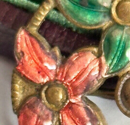 Vintage Early Pink Green Enamel Flowers Brooch