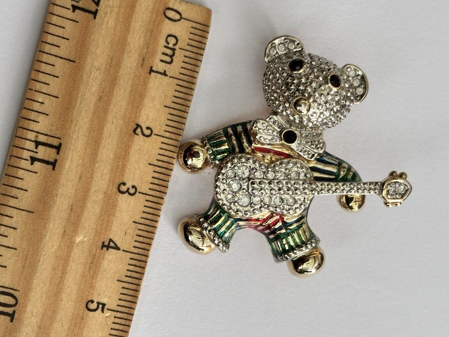 Vintage Gold Tone Diamanté Teddy Bear With Guitar  Brooch