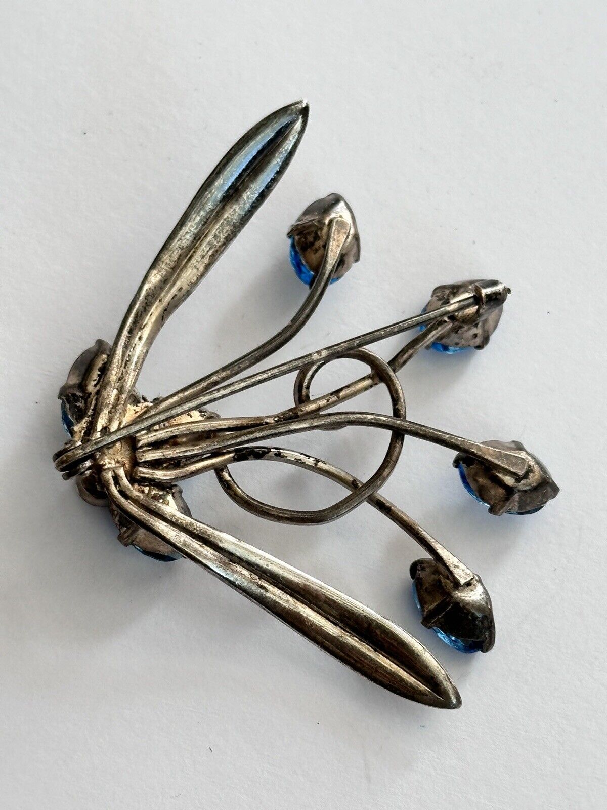 Vintage Silver Tone Blue Stone Flower Spray Brooch