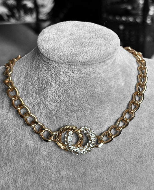 Vintage 1980s Gold Plated Diamanté Hoops Link Necklace